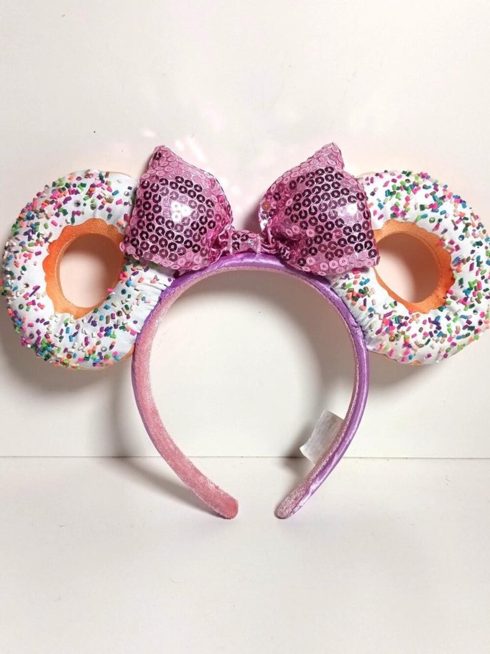 Custom Disney Parks Minnie Mouse Donut Ears Headband Pink Sequin Puffy Bow